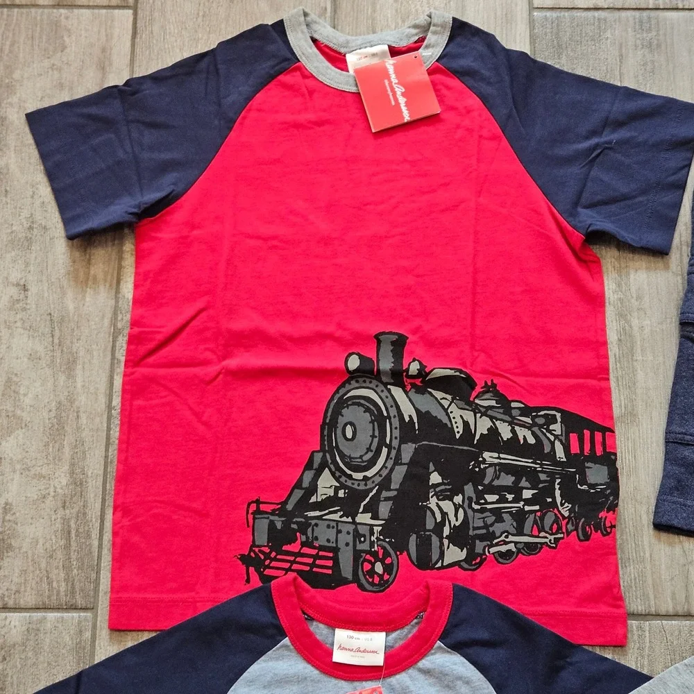 Hanna Andersson T-Shirt Shorts Set of 4 Kids 130 8 Train Plane Fire Truck School